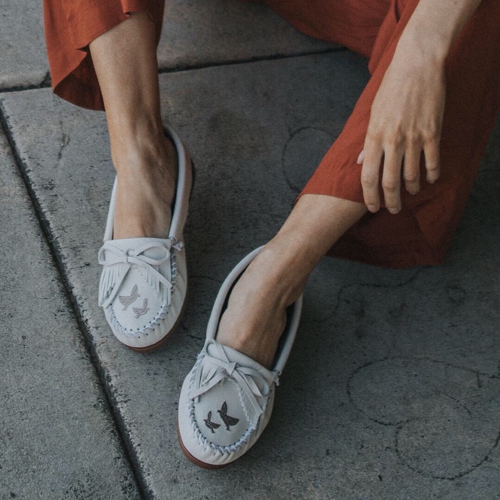Lottie Moss white moccasins